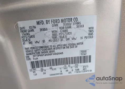 2006 Ford F-150 Lariat/Xlt z USA, uszkodzony, nr VIN 1FTPW12556FA92045